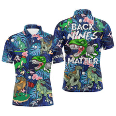 Max Corner Funny Mens golf polo shirt custom blue tropical flower Dinosaur golf shirts back nines matter