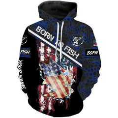 Max Corners "Born To Fish" American Flag Walleye fishing blue camo Custom name fishing 3D Hoodie