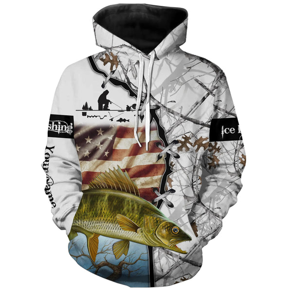 Max Corners Walleye ice fishing snow camo American Flag Custom Name Hoodie