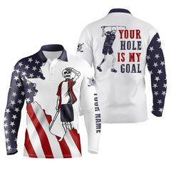 Max Corner American flag patriotic Mens golf polos shirts custom name funny golf skull your hole is my goal