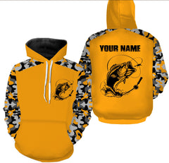 Max Corners Custom Name Bass Fishing Camouflage Yellow Performance Fishing Hoodie