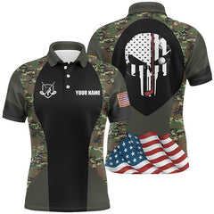 Max Corner American Flag Skull Custom Name Golf Polo Shirts Green Camo Golf Shirts For Men, Golf Gifts