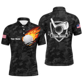 Max Corner Black Camo Fire Golf Ball Flame Mens Golf Polo Shirts Custom American Flag Golf Shirts For Men
