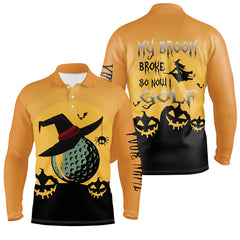 Max Corner My Broom Broke So Now I Golf Orange Mens Halloween Polo Shirts Witch Scary Golf Gifts For Men