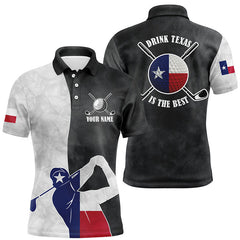 Max Corner Texas Flag Mens Golf Polo Shirts, Black And White Patriotic Golf Shirts For Men