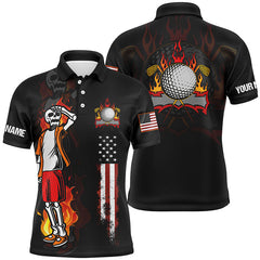 Max Corner Mens Fire Skull Golf Polo Shirt, American Flag Golf Shirts For Men Crazy Skull Golf Shirt