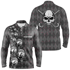 Max Corner Elegant Argyle Pattern And Skull Mens Golf Polo Shirts, Black Skull Golf Shirts For Men