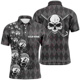 Max Corner Elegant Argyle Pattern And Skull Mens Golf Polo Shirts, Black Skull Golf Shirts For Men