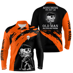 Max Corner Orange And Black Mens Skull Golf Polo Shirts, Custom Golf Polos For Men, Halloween Golf Gifts