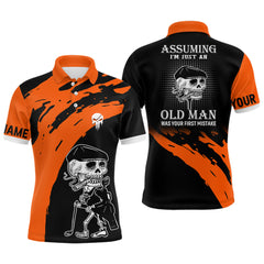 Max Corner Orange And Black Mens Skull Golf Polo Shirts, Custom Golf Polos For Men, Halloween Golf Gifts
