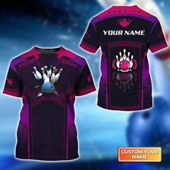 Maxcorners The Blue Bowling Ball Crashing The Pins Purple Pattern Personalized Name 3D Shirt