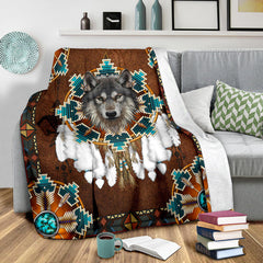 Maxcorners Blue Mandala Feather Wolf Native Blanket