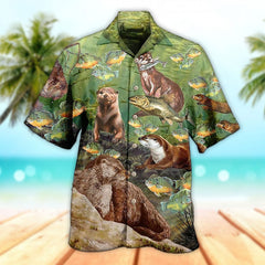 Maxcorners Unisex 3D A Busy Fishing Day Of Otter Hawaiian Shirt