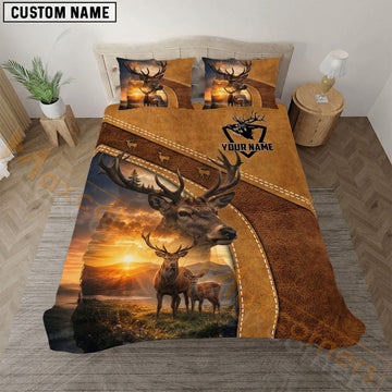 Maxcorners Deer Hunting Brown Leather Sunset Bedding Set 3D Print Custom Name