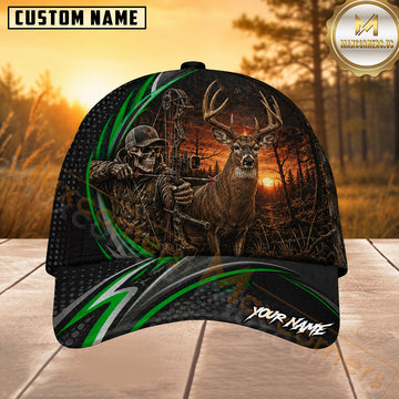 Maxcorners Hunting Green Stripe Skull Archer and Deer Sunset Design Personalized 3D Cap