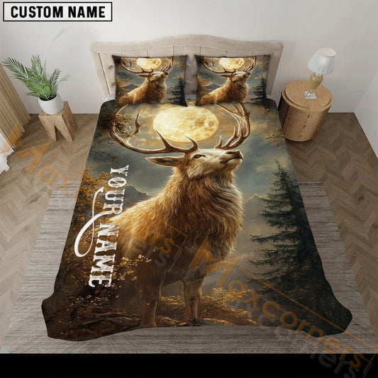 Maxcorners Elk Hunting Golden Full Moon Bedding Set 3D Print Custom Name