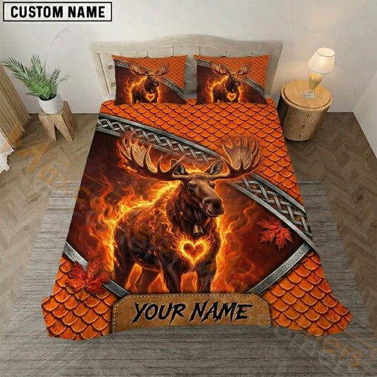 Maxcorners Moose Hunting Fiery Orange Bedding Set 3D Print Custom Name