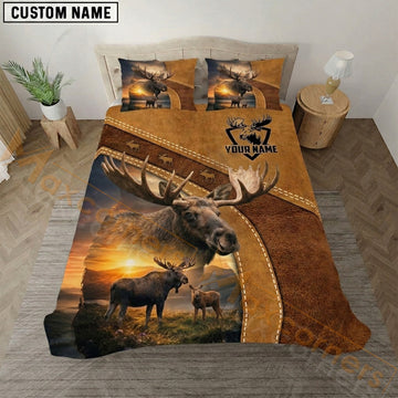 Maxcorners Moose Hunting Brown Leather Sunset Bedding Set 3D Print Custom Name