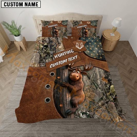 Maxcorners Moose Hunting Patchwork Leather Camo Bedding Set 3D Print Custom Name