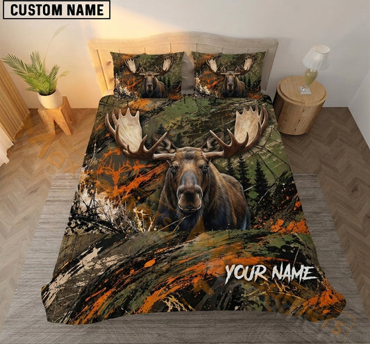 Maxcorners Moose Hunting Orange Green Splash Camo Bedding Set 3D Print Custom Name