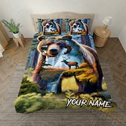 Maxcorners Bear Hunting Double Exposure Forest Bedding Set 3D Print Custom Name