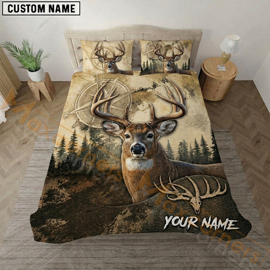 Maxcorners Deer Hunting Vintage Map Compass Bedding Set 3D Print Custom Name