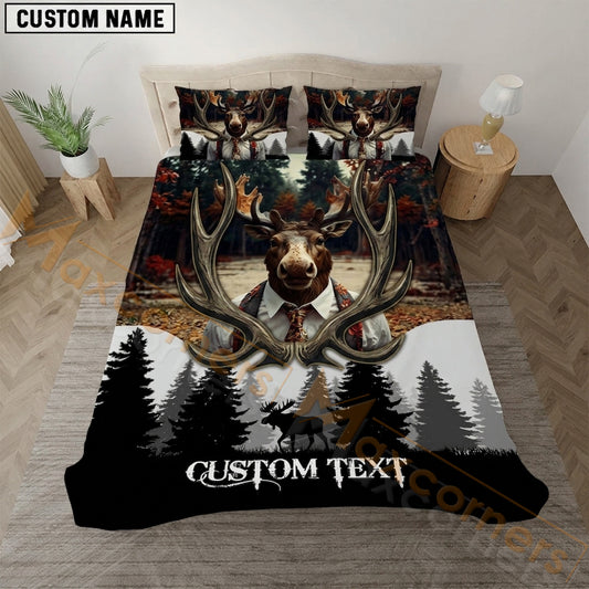 Maxcorners Moose Hunting Gentleman Autumn Forest Bedding Set 3D Print Custom Name