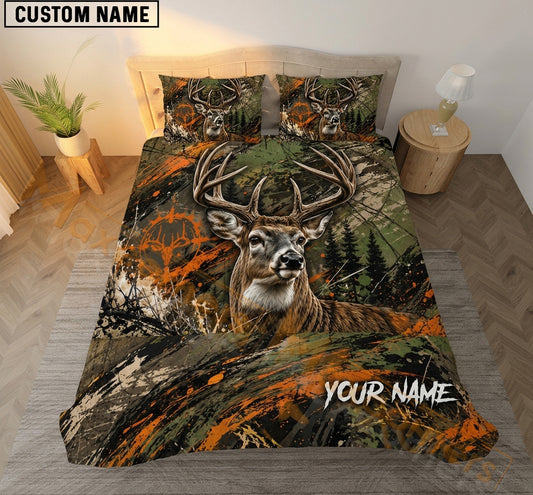 Maxcorners Deer Hunting Orange Green Splash Camo Bedding Set 3D Print Custom Name