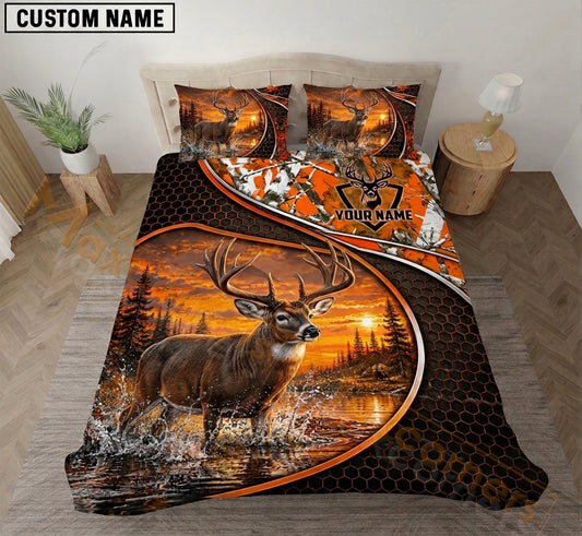Maxcorners Deer Hunting Orange Camo Honeycomb Bedding Set 3D Print Custom Name