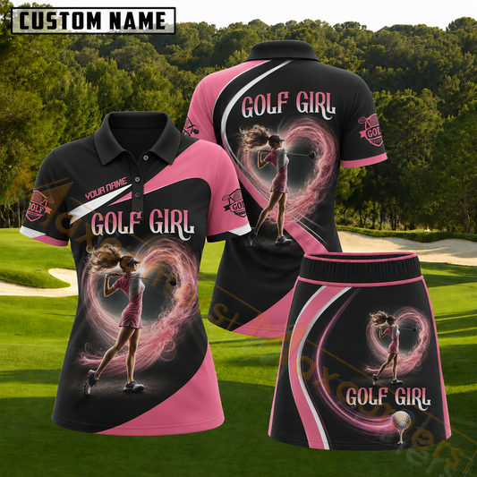 Maxcorners Black and Pink Heart Aura Golf Girl Personalized Name 3D Golf Shirt and Skirt