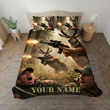 Maxcorners Deer Hunting Green Forest Bedding Set 3D Print Custom Name