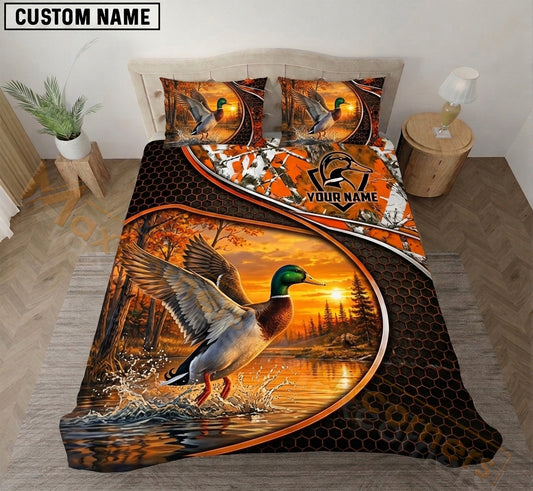 Maxcorners Mallard Duck Hunting Orange Camo Honeycomb Bedding Set 3D Print Custom Name