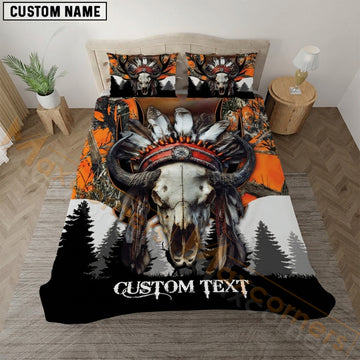 Maxcorners Buffalo Skull Hunting Native Headdress Orange Camo Bedding Set 3D Print Custom Name