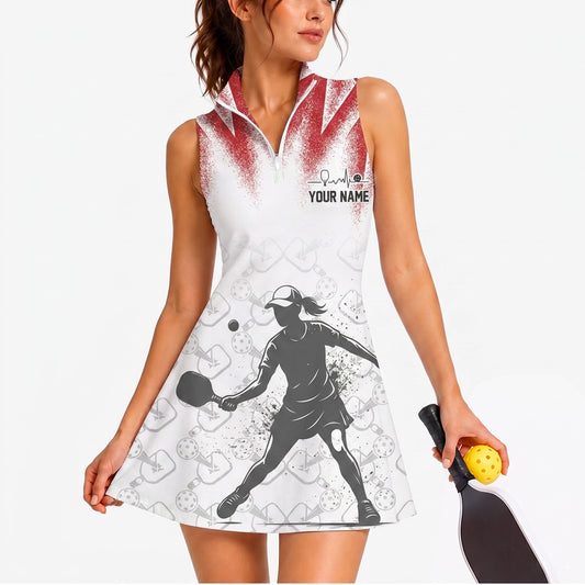 Maxcorners Pickleball Sleeveless Zipper Sports Dress Set Red Gray Marble Player Silhouette Personalized Name 3D Sleeveless Zipper Sports Dress Set