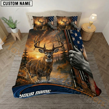 Maxcorners Deer Hunting American Flag Sunset Bedding Set 3D Print Custom Name