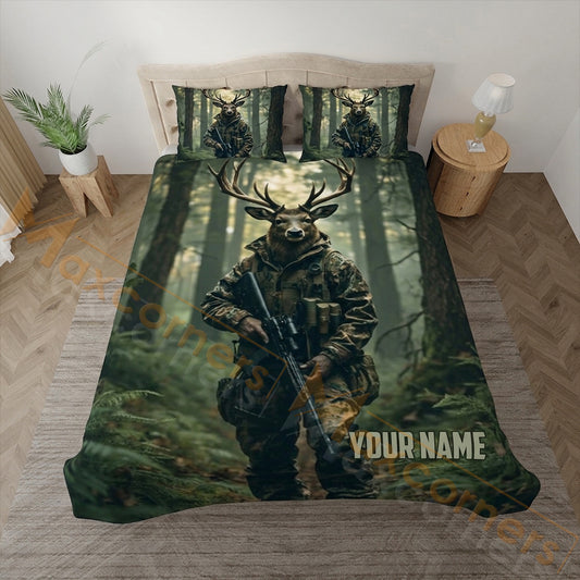 Maxcorners Deer Hunting Green Camo Bedding Set 3D Print Custom Name