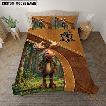 Maxcorners Cartoon Moose Hunting Green Forest Leather Bedding Set 3D Print Custom Name
