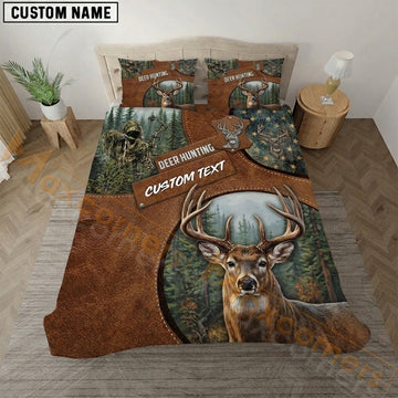 Maxcorners Deer Hunting Brown Leather Bedding Set 3D Print Custom Name