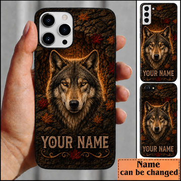 Maxcorners Hunting Wolf Pinecone Autumn Leaves Customized Name Phone Case