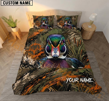 Maxcorners Wood Duck Hunting Orange Green Camo Bedding Set 3D Print Custom Name