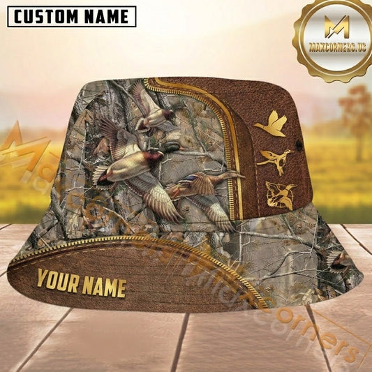 Maxcorners Duck Hunting Woodland Camo and Brown Leather Zipper Personalized Name 3D Bucket Hat