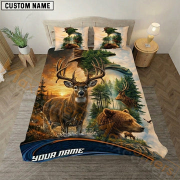 Maxcorners Deer And Bear Hunting Sunset Forest Bedding Set 3D Print Custom Name