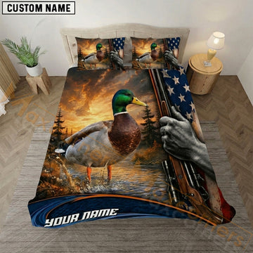 Maxcorners Mallard Duck Hunting USA Flag Bedding Set 3D Print Custom Name