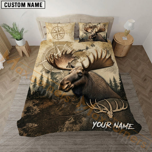 Maxcorners Moose Hunting Brown Compass Bedding Set 3D Print Custom Name