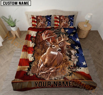 Maxcorners Deer Hunting American Flag Forest Bedding Set 3D Print Custom Name