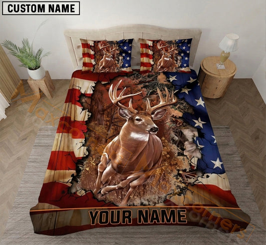 Maxcorners Deer Hunting American Flag Forest Bedding Set 3D Print Custom Name