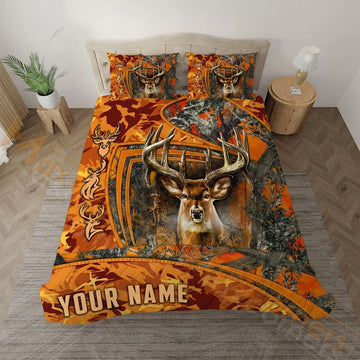 Maxcorners Deer Hunting Orange Fire Bedding Set 3D Print Custom Name
