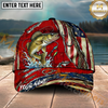 Maxcorners Fishing Ripped Red American Flag Hook Personalized Name 3D Cap (12 Fish Species)