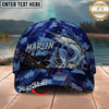 Maxcorners Fishing Splash Artwork Blue Camo Personalized Name 3D Cap (12 Fish Species)