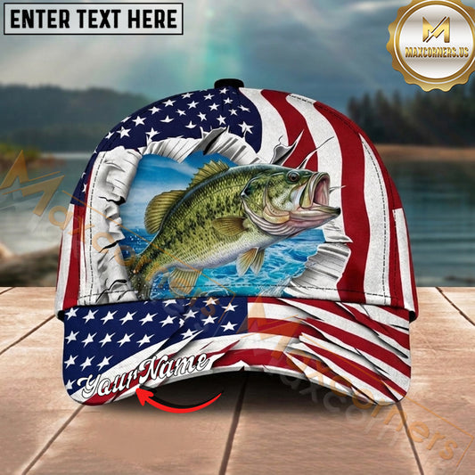 Maxcorners Fishing Patriotic Ripped Ocean Personalized Name 3D Cap (12 Fish Species)